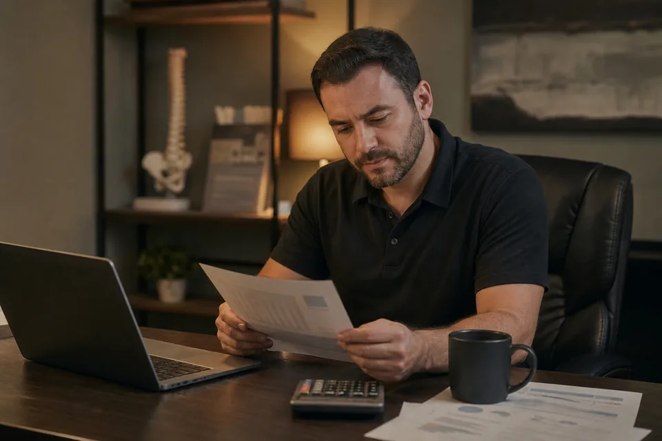 Chiropractic practice owner comparing a marketing agency proposal with monthly costs on a laptop
