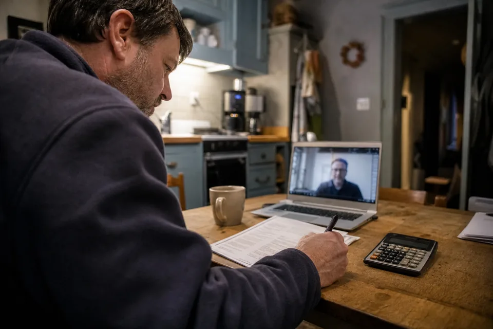 Business owner on a video call reviewing a printed project quote with a calculator on the kitchen table