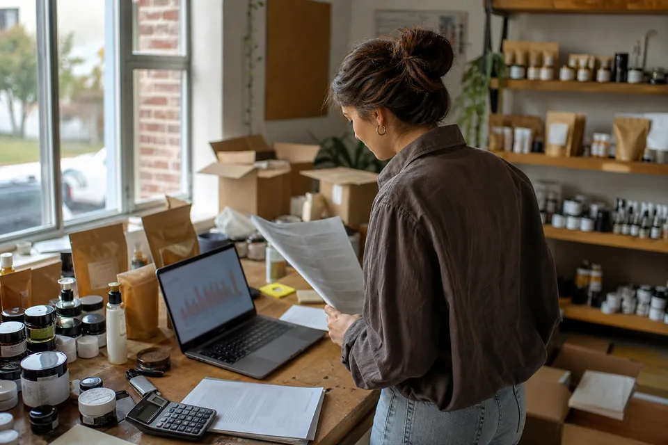 Ecommerce founder comparing a printed agency proposal with sales figures on a laptop at a workbench full of product samples