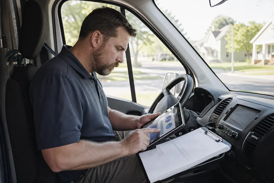 Plumbing business owner reviewing ad costs on a tablet in a service van