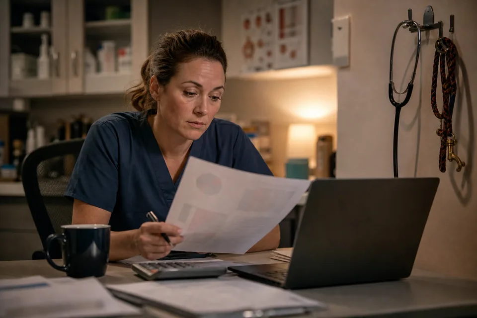 Veterinarian practice owner comparing a marketing agency proposal with monthly costs on a laptop