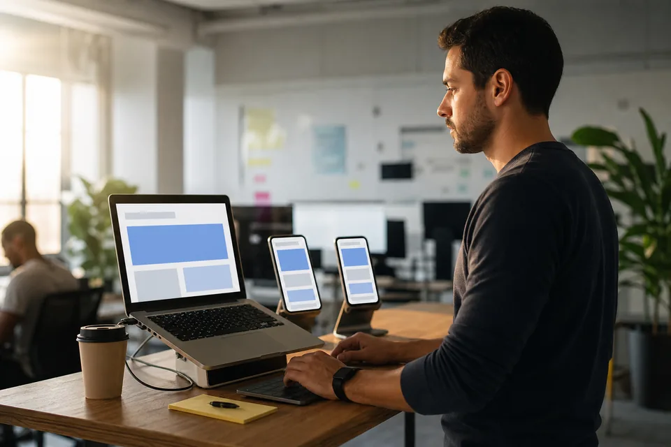 Marketer testing a new landing page on a laptop and two phones before launching an ad campaign