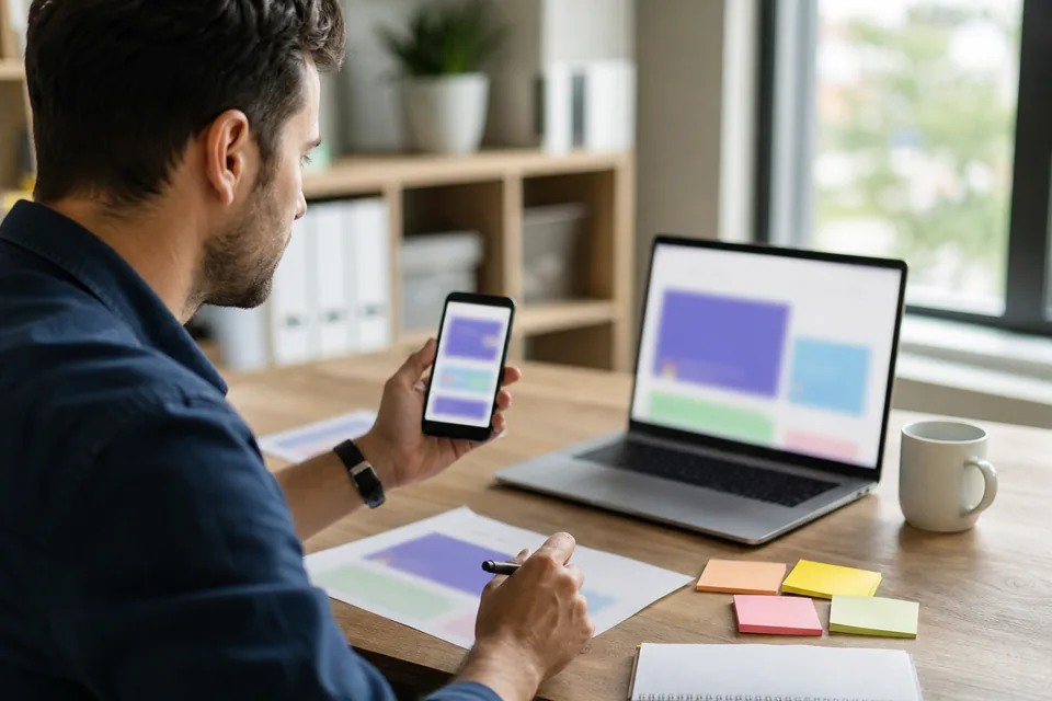 Marketer comparing a landing page on a phone and a laptop