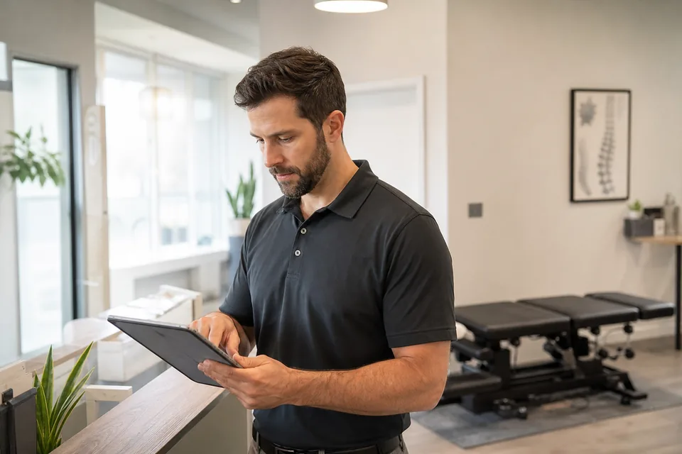 Chiropractor reviewing a new patient booking page on a tablet at the clinic front desk