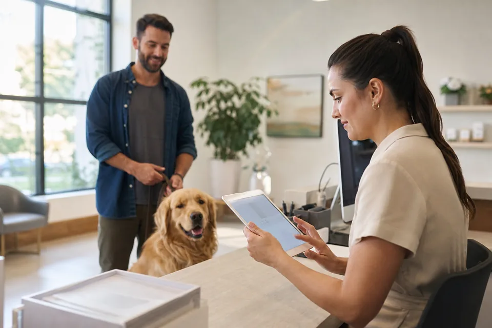 Veterinary clinic receptionist checking an online appointment booking page on a tablet while a dog waits with its owner